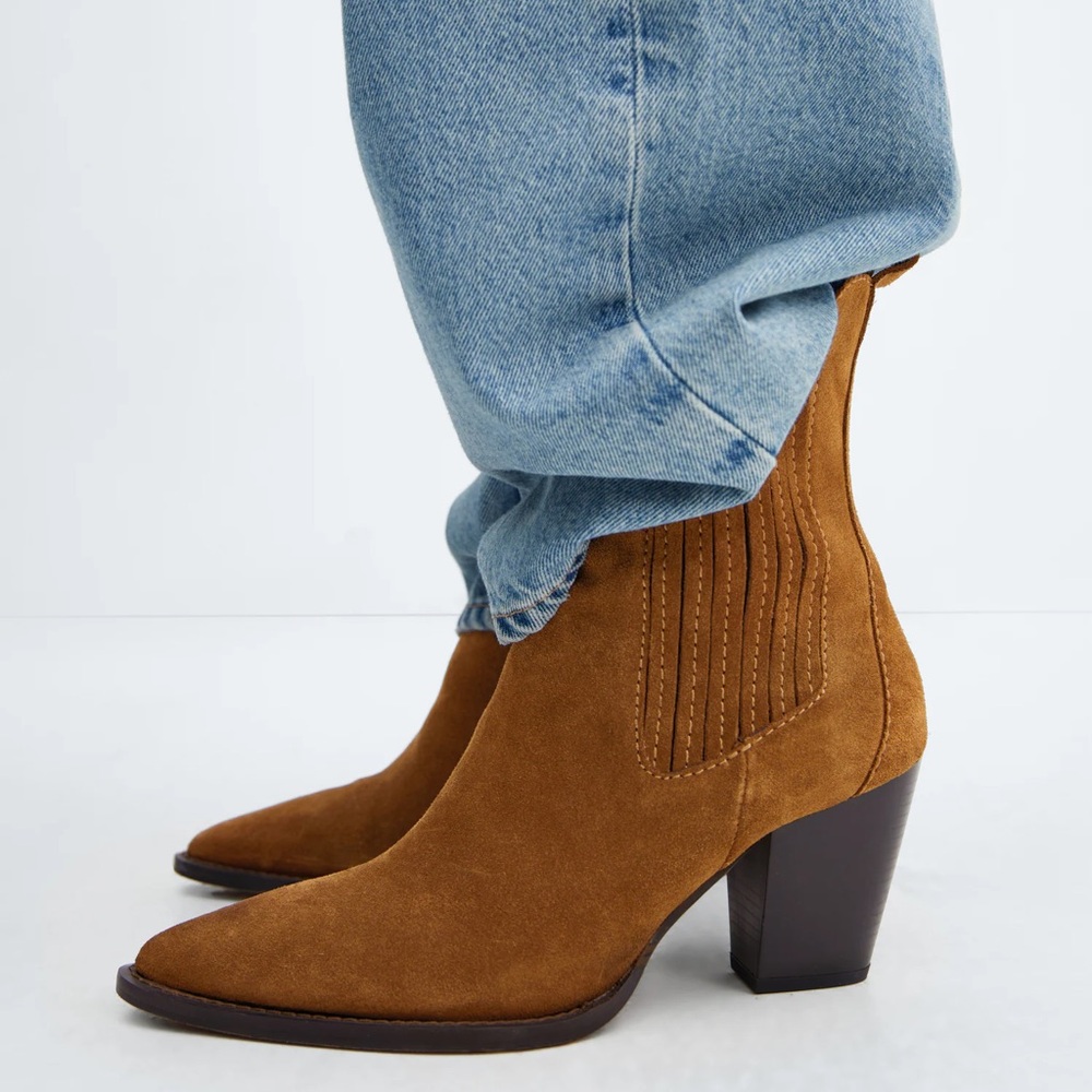 Mango Suede Leather Pointed Toe Block Heel Chelsea Western Ankle Boot Brown Tan - Picture 11 of 11
